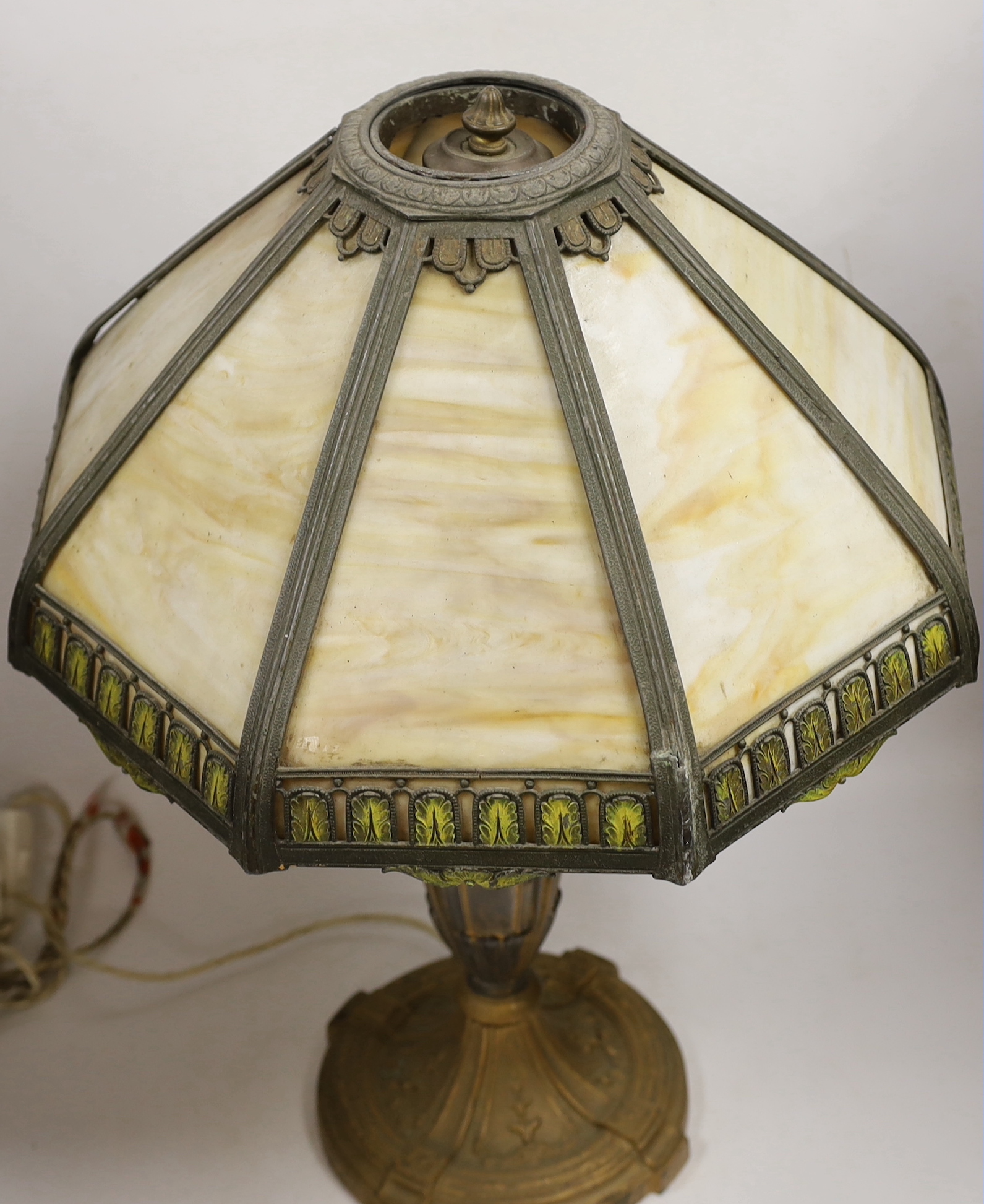 A Louis XVI style gilt spelter table lamp with octagonal Tiffany style glass shade, 58cm high